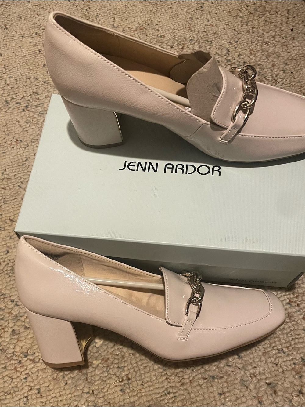 Jenn Ardor Pale Pink Chunky Heel Loafers with Chain Accent